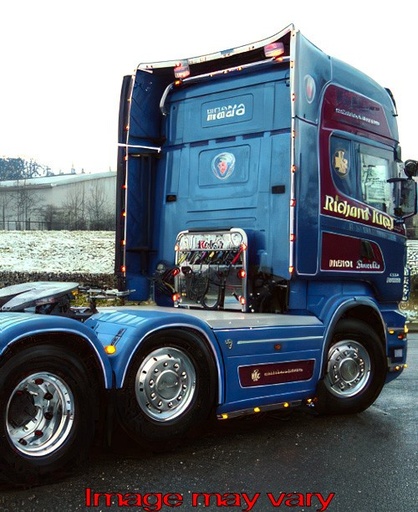 [SLEDSS12/EX] RVS SideStrips voor Scania R2 V8 6x2 | Wielbasis 4050mm | 4 Oranje LEDs | Uitlaat Linksvoor