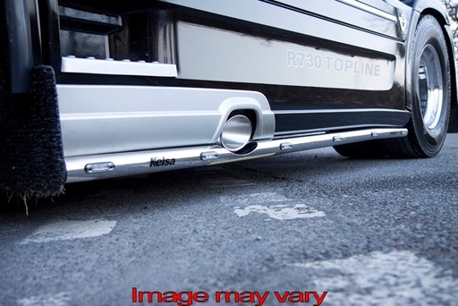 [SSS15] RVS SideBars voor Scania R2 met Lage Sideskirts (Uitlaat Linkerzijkant Midden) | 5 Oranje LEDs